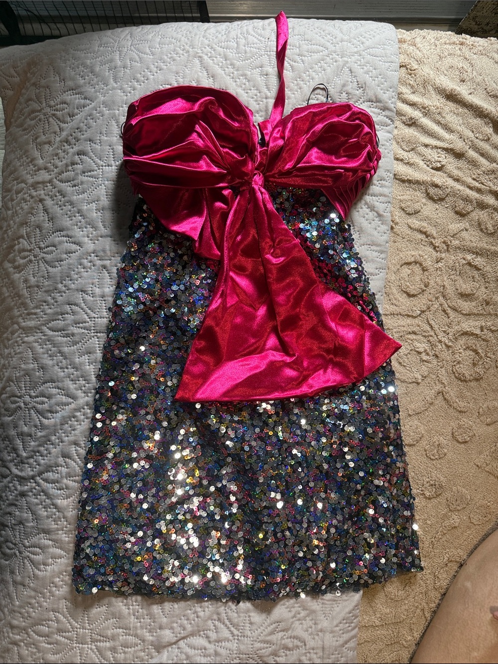 Zara Girls Hot Pink Satin Bow Sequin Dance Dress